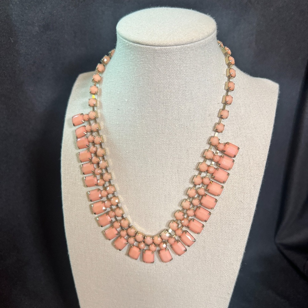 Pink Rhinestone Bib Necklace Statement Pastel Glass Stones 7" Drop Vintage Style